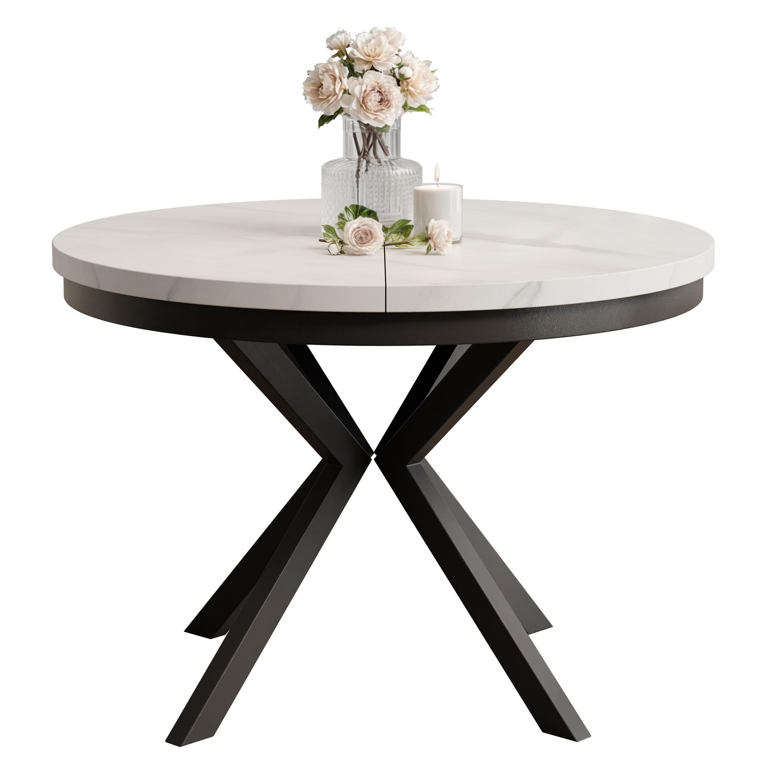 AUSZIEHTISCH MILTON 90-166/76 cm mit Metallgestell und Zarge, Schwarz / Bianco Marmor - Perlmutt/Schwarz, Holzwerkstoff/Metall (90/90/76cm) - Idohome