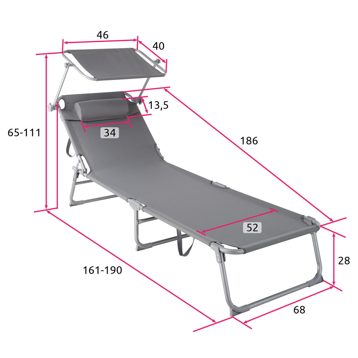 GARTENLIEGE 2er Set Chloé,190 x 68 x 65 cm,grau - Grau, Kunststoff (68/65/190cm) - tectake