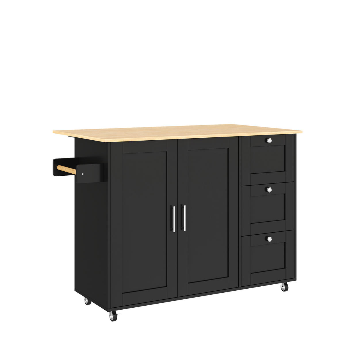 KÜCHENINSEL 120/70/85 cm Schwarz mit 360° Universalrädern, 5 Schubladen, Schrankfächern und offenen Ablagen - Schwarz, Holz/Holzwerkstoff (135/90/44cm) - Oxeza