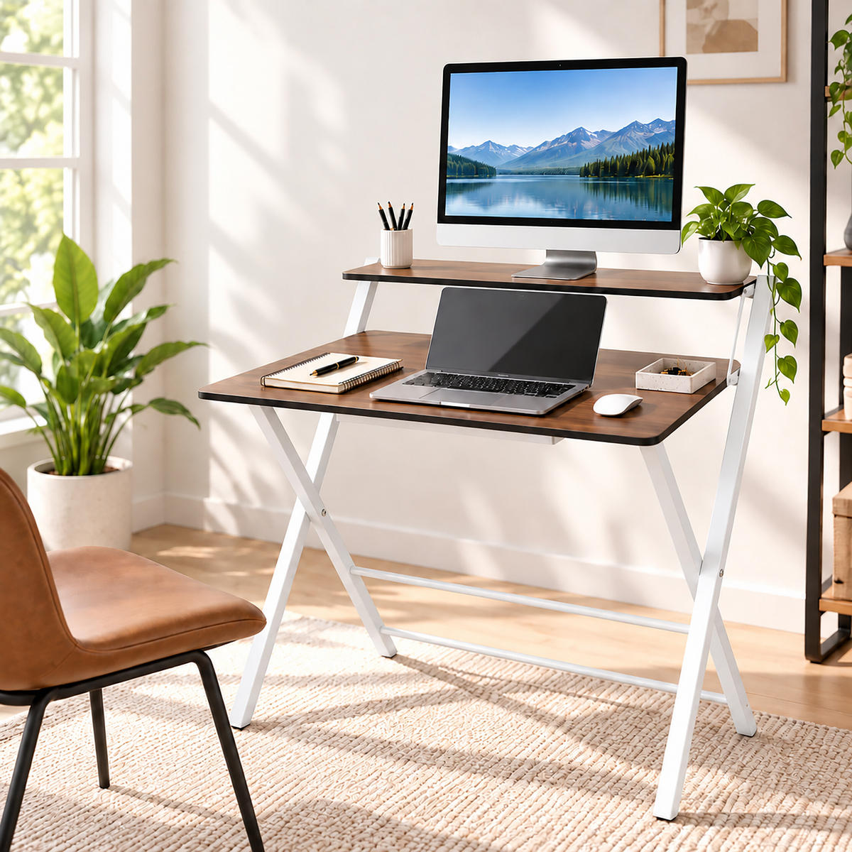 SKRIVBORD Vit fällbart med monitorhylla 70x56 cm - Vit, Träbaserade material/Metall (56/70/82cm) - Relaxdays