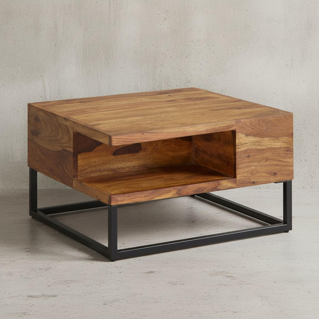 COUCHTISCH in Sheeshamholz mit Staufach, 60x60x34,5 cm, Industrial-Design - Schwarz/Braun, Holz/Metall (60/60/35cm) - KADIMA DESIGN