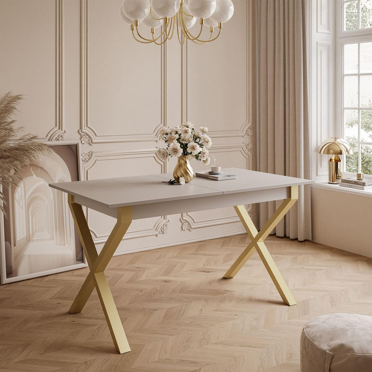 ESSTISCH ARTON GOLD II 140-195 cm für 6-8 Personen - Beige/Goldfarben, Holzwerkstoff/Metall (140/80/77cm) - Lookway