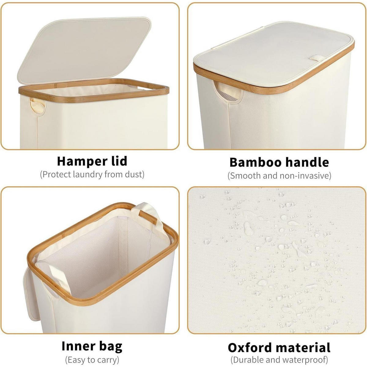WÄSCHEKORB mit Deckel und Innentasche Beige 75L - Creme, Textil (27.5/66/41cm)