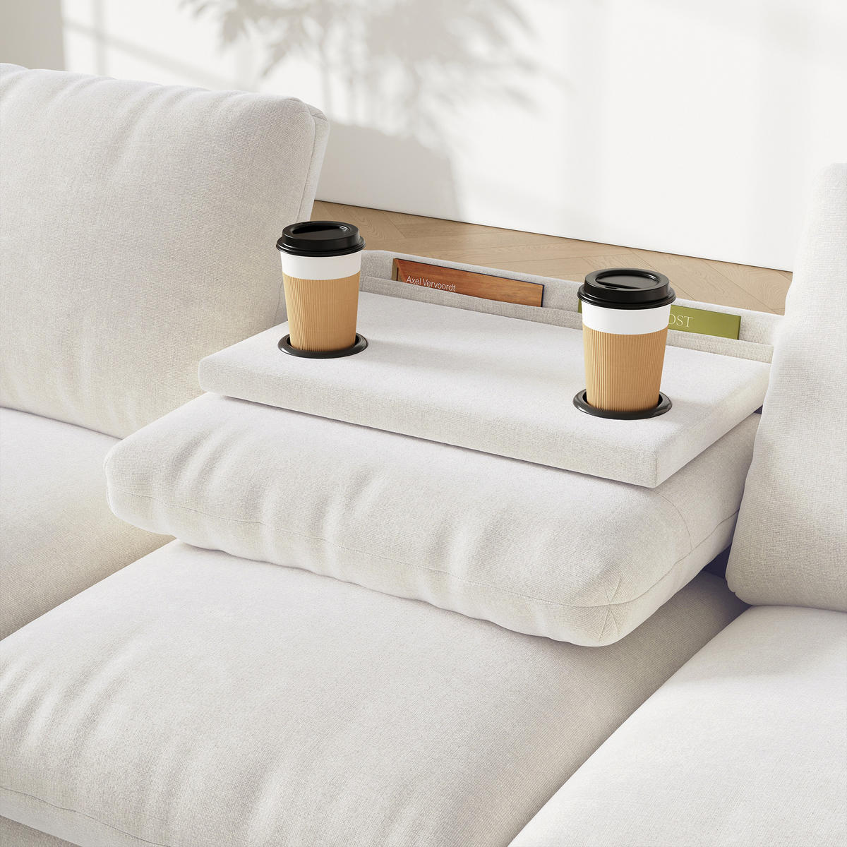SOFA Beige L-Form Chenille Stauraum USB ausziehbar Tisch - Beige, Textil (137/84/280cm) - FLIEKS