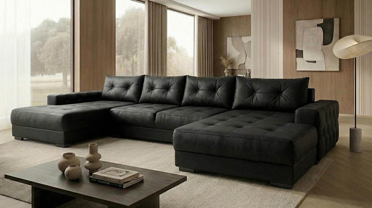 ECKSOFA MODENA 320 cm x 185 cm – Stoff: ECO CAYENCE Schwarz 1114 Farbe: Schwarz - Schwarz, Textil (320/185cm) - A&J MöbelLand