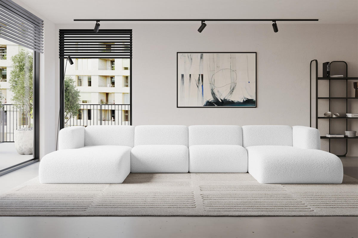 WOHNLANDSCHAFT MIRA-U2 408x179x70 Weiß Bouclé - Schwarz/Weiß, Holzwerkstoff/Kunststoff (408/70/179cm) - ALTDECOR