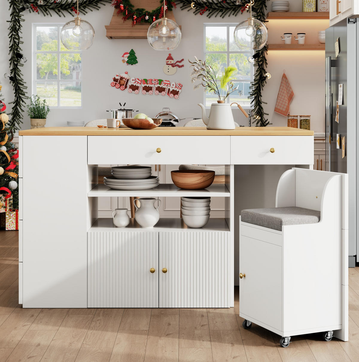 KÜCHENINSEL aus MDF mit Stauraum & Hocker, 140/40(70)/89 cm, Weiß - Weiß, Holzwerkstoff (40/89/140cm) - Redom