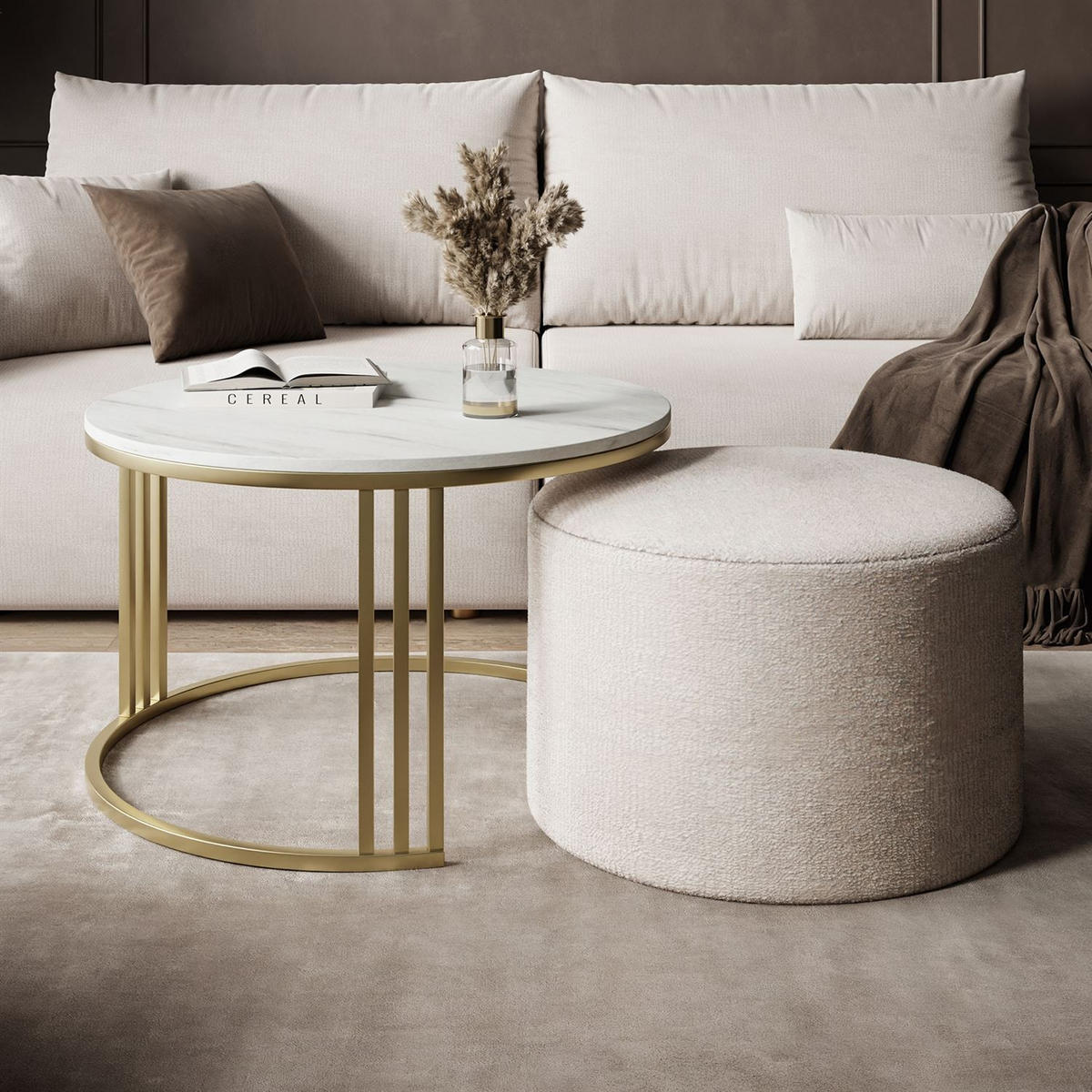 COUCHTISCH mit Hocker LORI MAT gebürstetes Gold/Marmor Levanto/Perfect Harmony 01 - Weiß, Metall (70/70/49cm) - Lookway