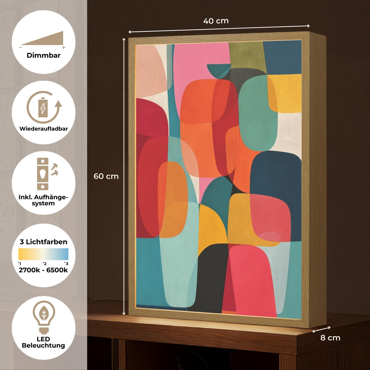 NÁSTĚNNÁ LAMPA S AKUMULÁTOREM Tvary - barevné - abstraktní - letadla 40x60 cm - různobarevná, kompozitní dřevo (40/60/8cm) - OnlyWow