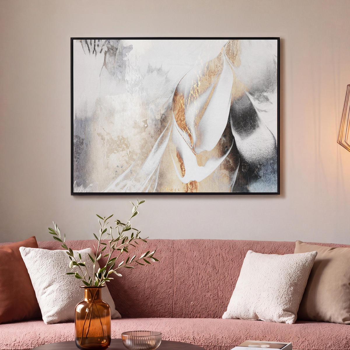 LEINWAND Bilder mit Rahmen - Luxus - Abstrakt - Gold - Weiß - 100x70 - Goldfarben, Textil (100/70cm) - MuchoWow