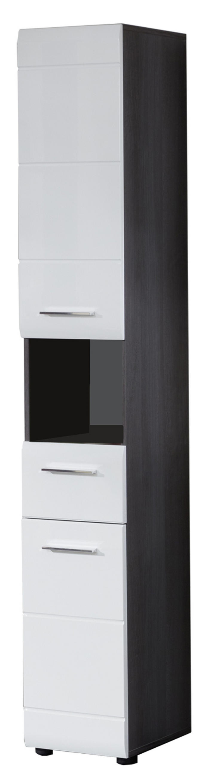 HOCHSCHRANK weiß Hochglanz, grau Rauchsilber 30 cm, Badschrank wechselbarer Türanschlag - Weiß Hochglanz/Silberfarben, Holzwerkstoff/Kunststoff (30/182/31cm) - Top.Furn