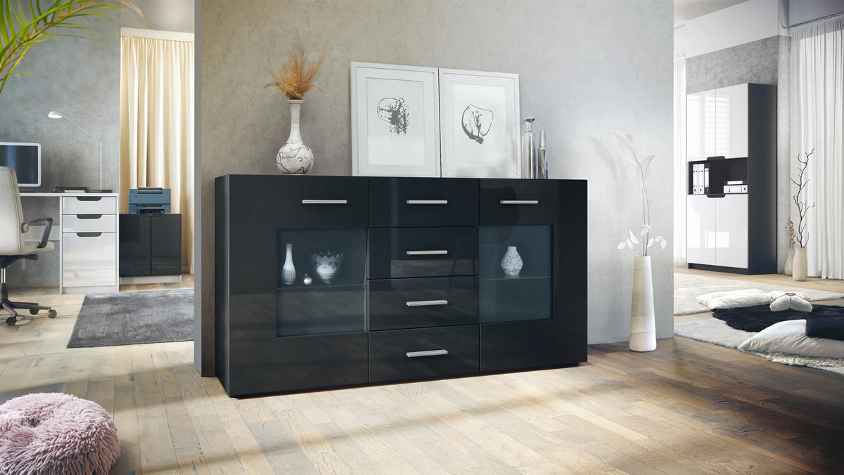 SIDEBOARD Noah Schwarz Hochglanz - Schwarz Hochglanz, Holzwerkstoff (139/72/35cm) - Vladon