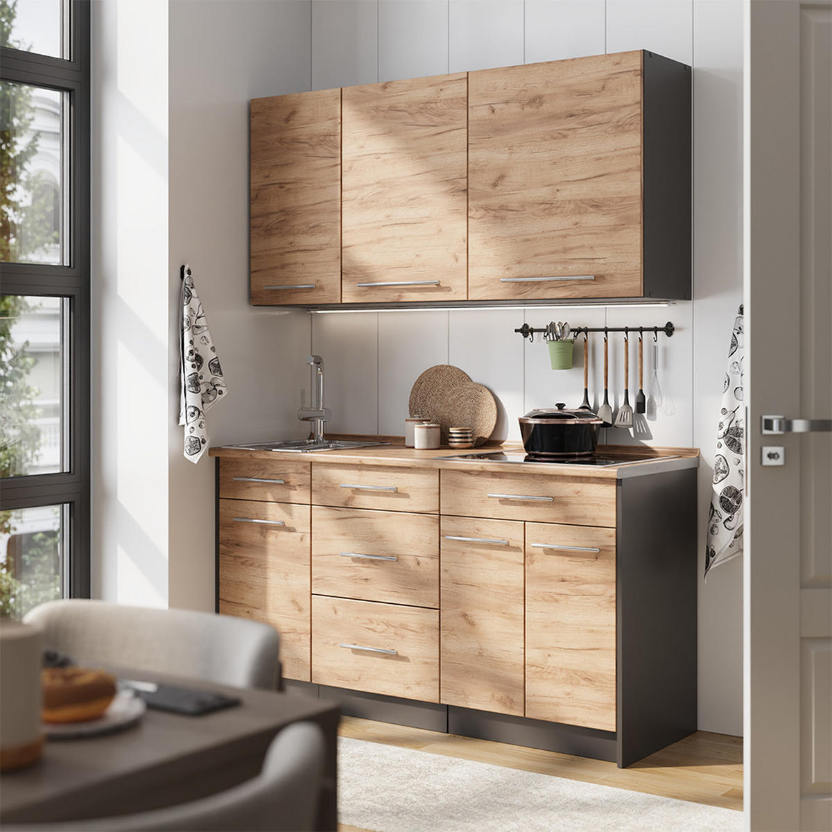 SAMOSTATNÁ KUCHYŇA Fame-Line, Dub Goldkraft/antracitová, 150 cm, AP Oak - dub medový/antracitová, kompozitné drevo (150/82/60cm) - Vicco
