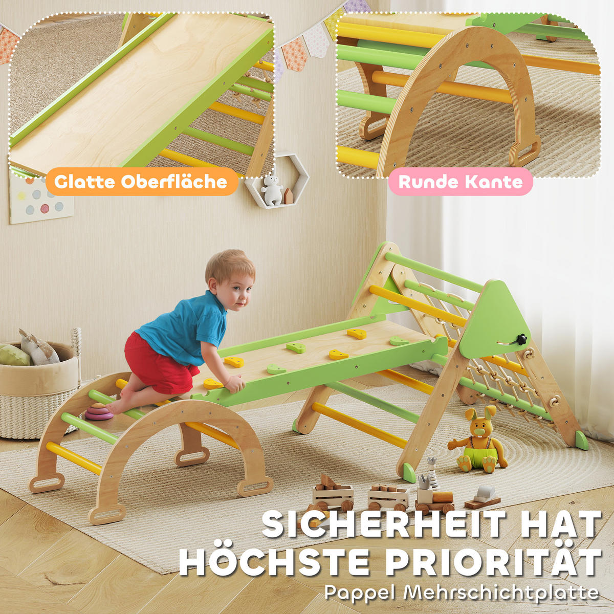 MONTESSORI-KLETTERGERÜST Holz Kletterdreieck mit Kletterbogen 8-in-1 - Grün, Holz (42/36/68.5cm) - AIYAPLAY