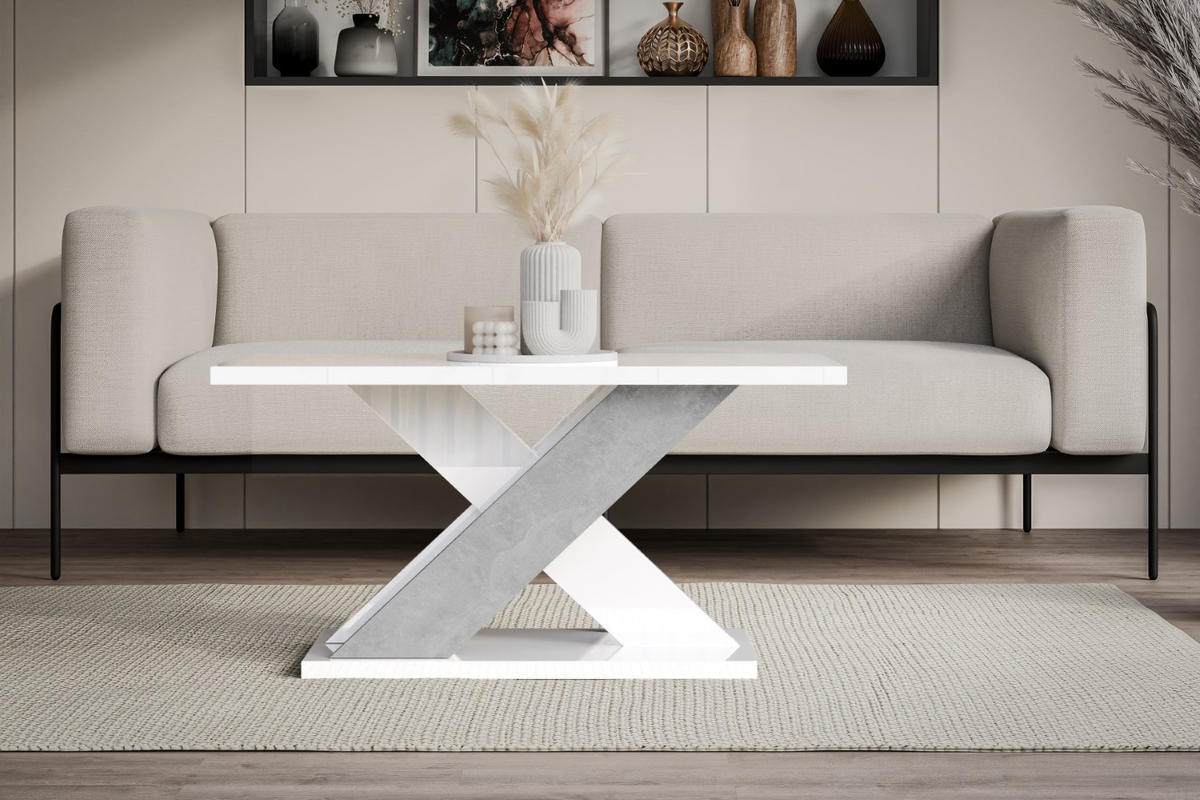KAFFEETISCH 110x70x60 cm - Hochglanz Weiß / Betonoptik - AOX - Weiß Hochglanz, Holzwerkstoff (110/70/60cm) - ALTDECOR