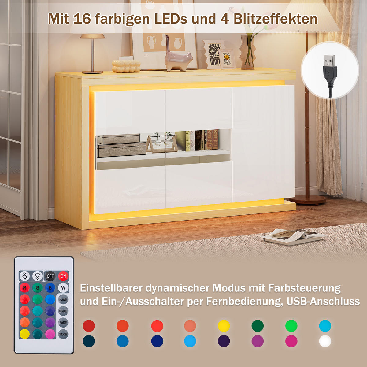 SIDEBOARD in Weiß Hochglanz-Wohnzimmerschrank mit verstellbarer Einlegeboden für Flur, Wohn-, Büros, B140/T40/TH84cm - Weiß/Naturfarben, Glas/Holzwerkstoff (140/84/40cm) - STILVORA