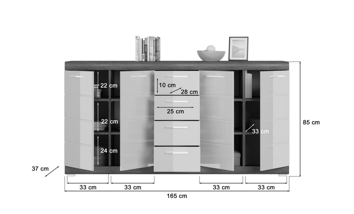 KOMMODE SCOUT (B/H/T: ca. 165/85/37 cm) in Rauchsilber Nachbildung/weiß hochglanz - Silberfarben, Holzwerkstoff (165/85/37cm)