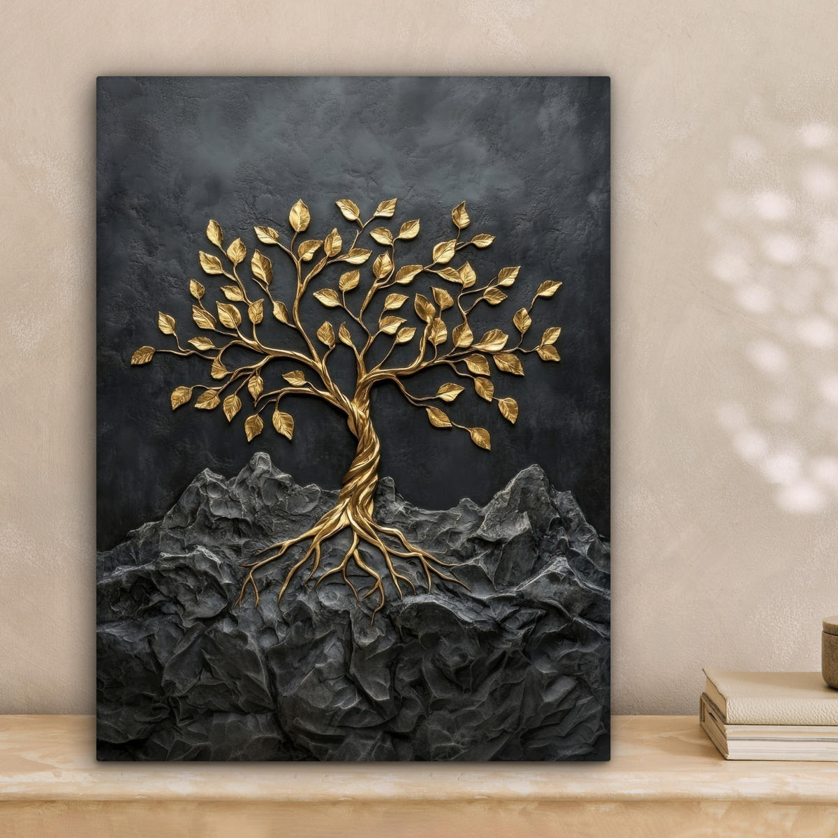 LEINWANDBILD Blätter - Gold - Baum - Fels Room Decor 30x40 cm - Schwarz, Textil (30/40cm) - MuchoWow