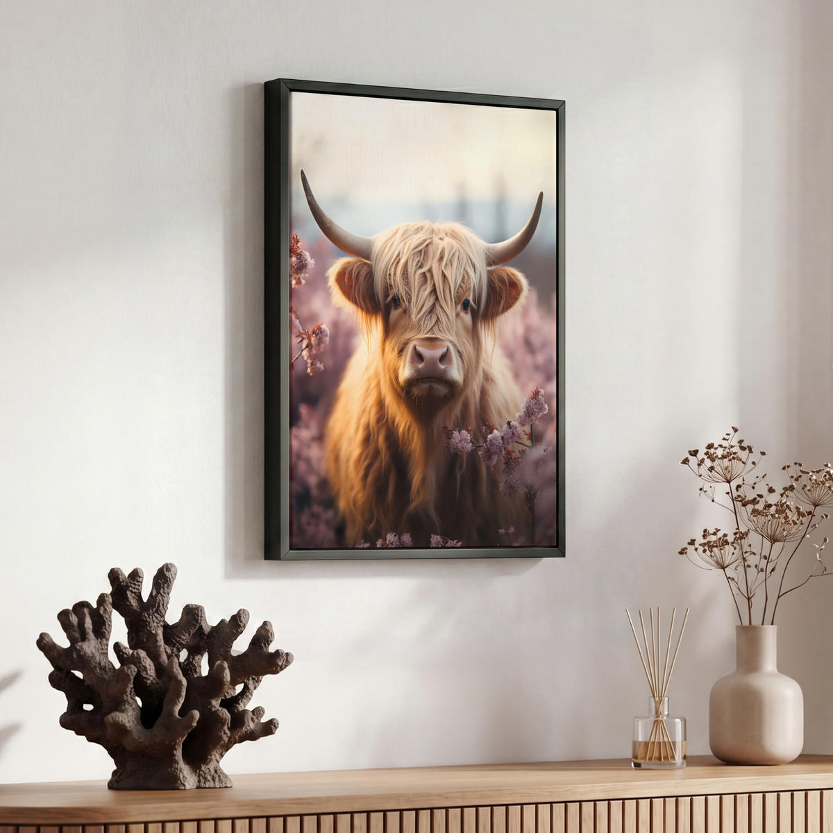 LEINWAND Bilder mit Rahmen - Schottischer Hochländer - Frühling - Hochland - 30x40 - Hellrosa, Textil (30/40cm) - MuchoWow