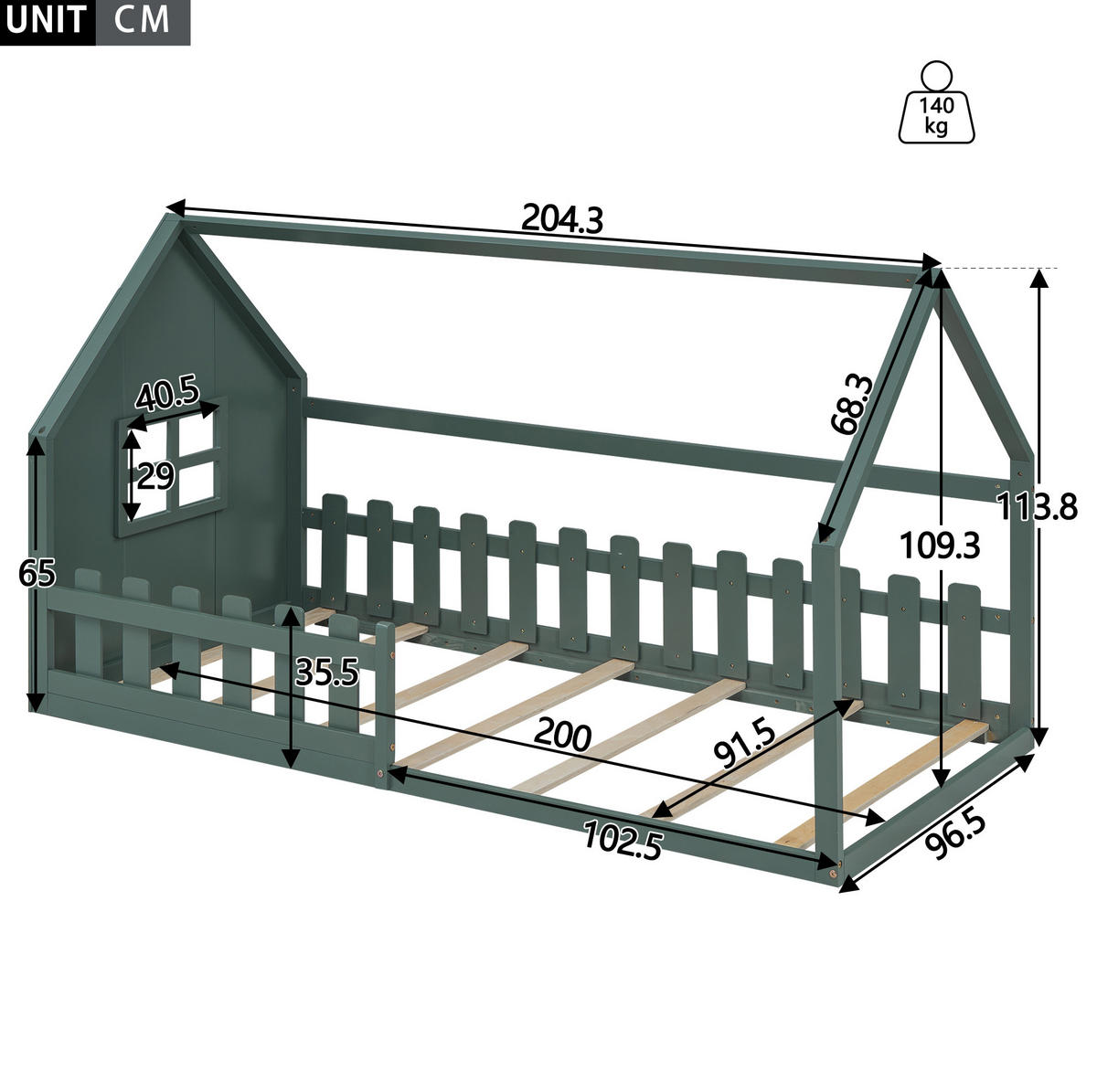 POSTELJA v obliki hiše 90/200 cm zelena za otroško sobo iz bora in MDF - zelena, les (90/200cm) - OKWISH