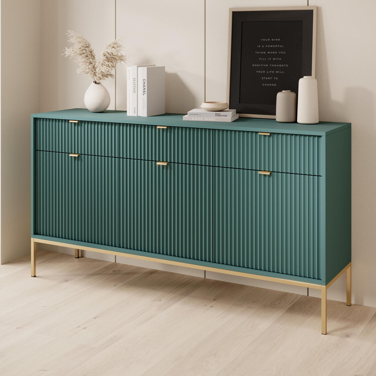 GRÜNE Moderne Geriffelte Kommode KIOTO K3D3SZ (Gold Gestell, Soft-Close Türen) - Goldfarben/Grün, Holz/Holzwerkstoff (154/91/39cm) - Ravio