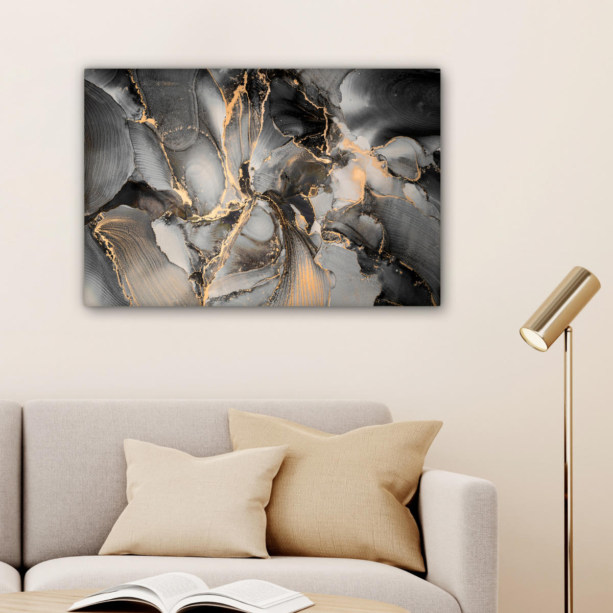 LEINWANDBILD Grau - Luxus - Gold - Marmor XXL 150x100 cm - Dunkelgrau, Textil (150/100cm) - MuchoWow