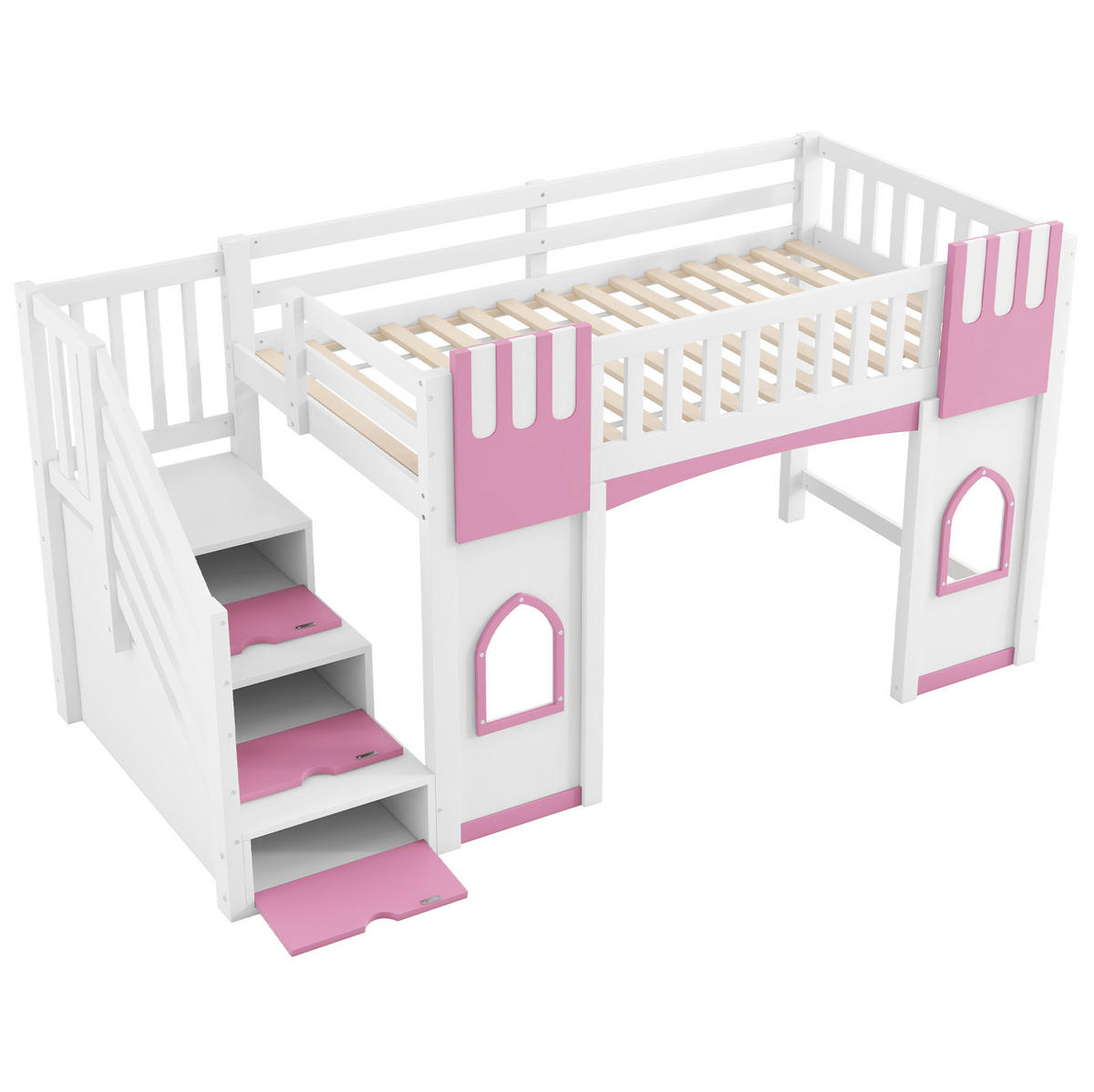 HOCHBETT 90/200 cm mit Stauraumtreppe, Fenstern und Holzlattenrost, Weiß/Rosa - Weiß, Holzwerkstoff (90/200cm) - Redom