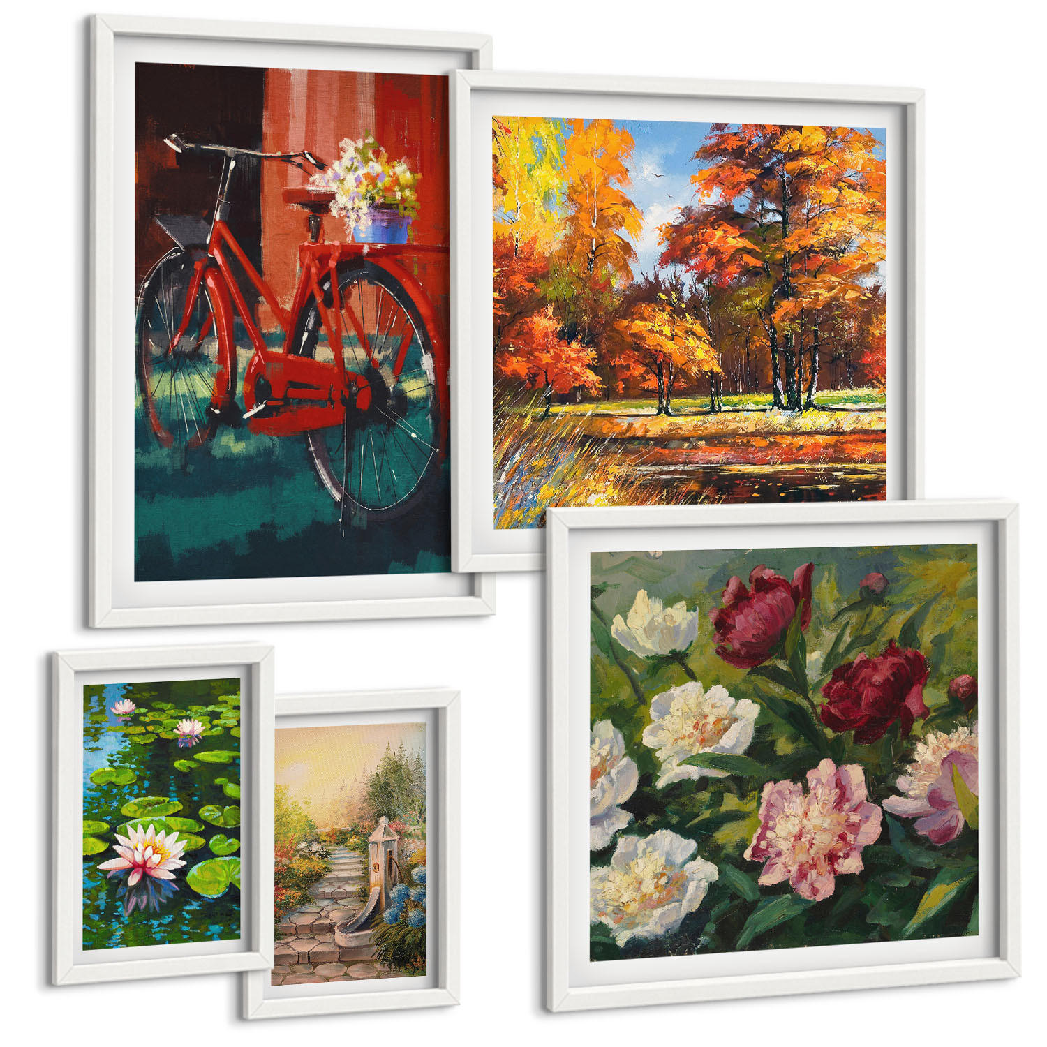 BILDER SET 5er Set - 50x50 cm & 20x30 cm & 40x60 cm Weißer Rahmen - Strand Holzsteg Klippen - Weiß, Kunststoff (40/60cm) - TULUP