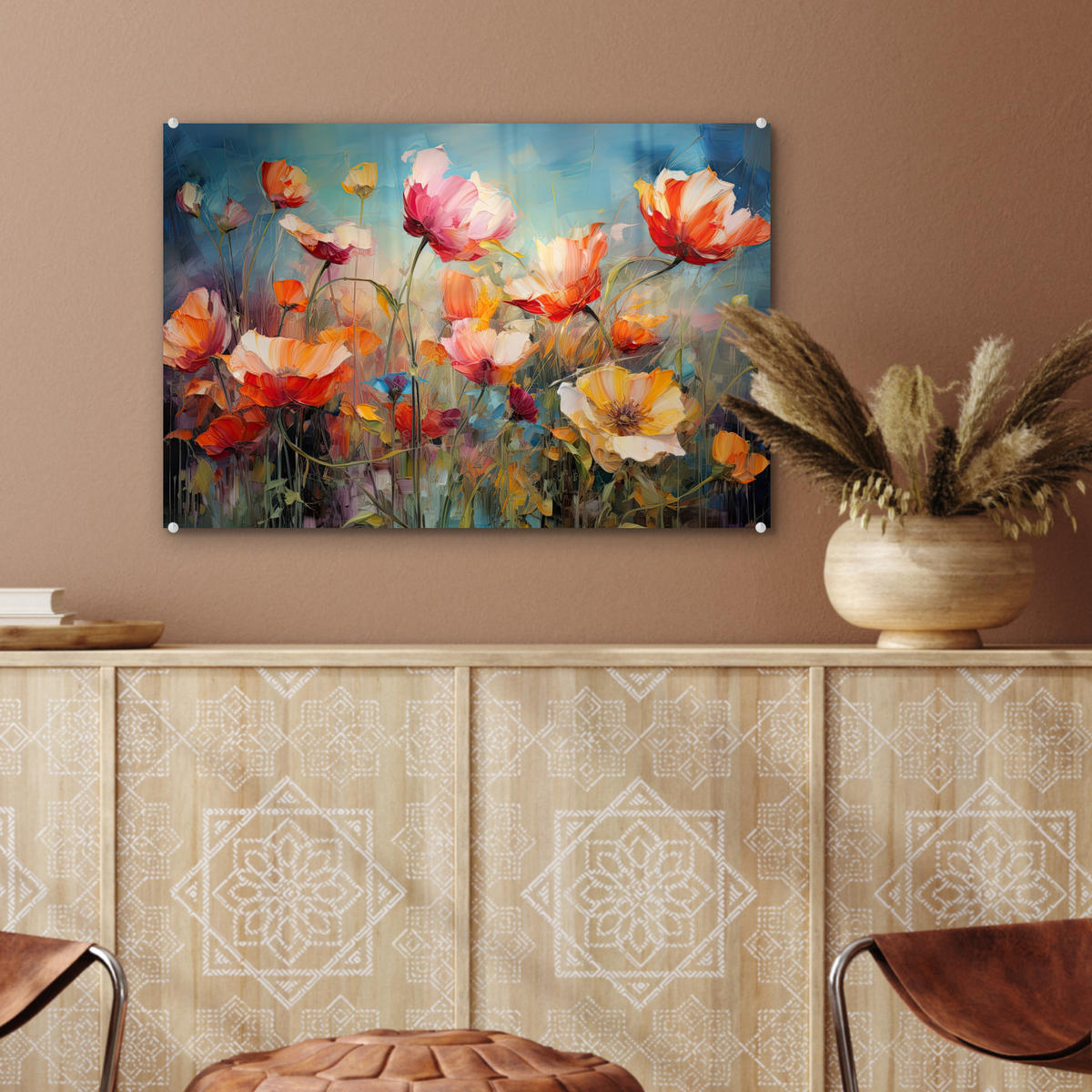 ACRYLGLASBILD Blumen - Aquarell - Kunst - Botanisch - Natur 60x40 cm - Orange, Glas (60/40cm) - MuchoWow