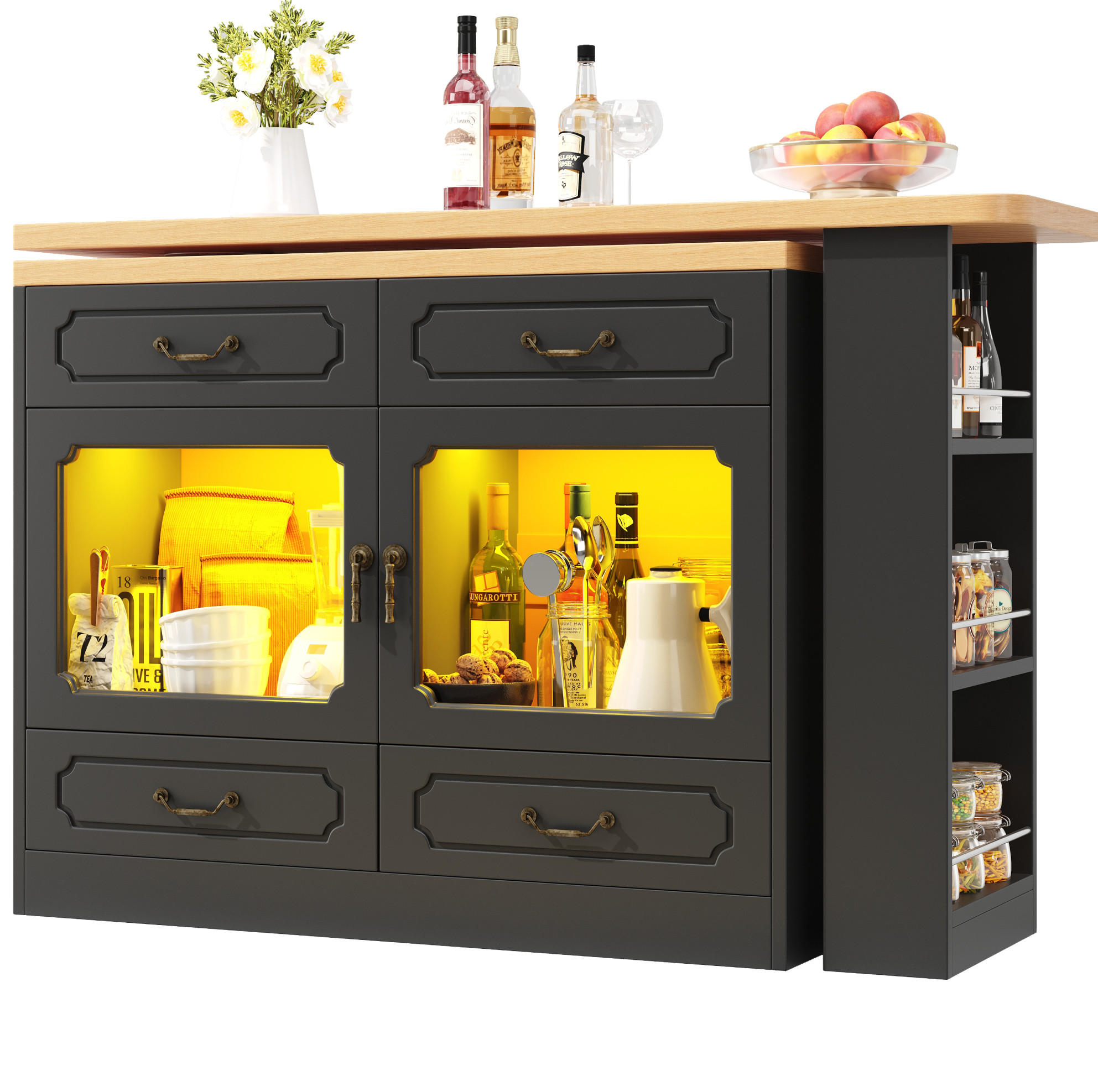 Modfu BAROVÝ stůl z MDF 135-203x39x92,8 cm černá/přírodní s LED osvětlením, 360° otočnou deskou a úložným prostorem