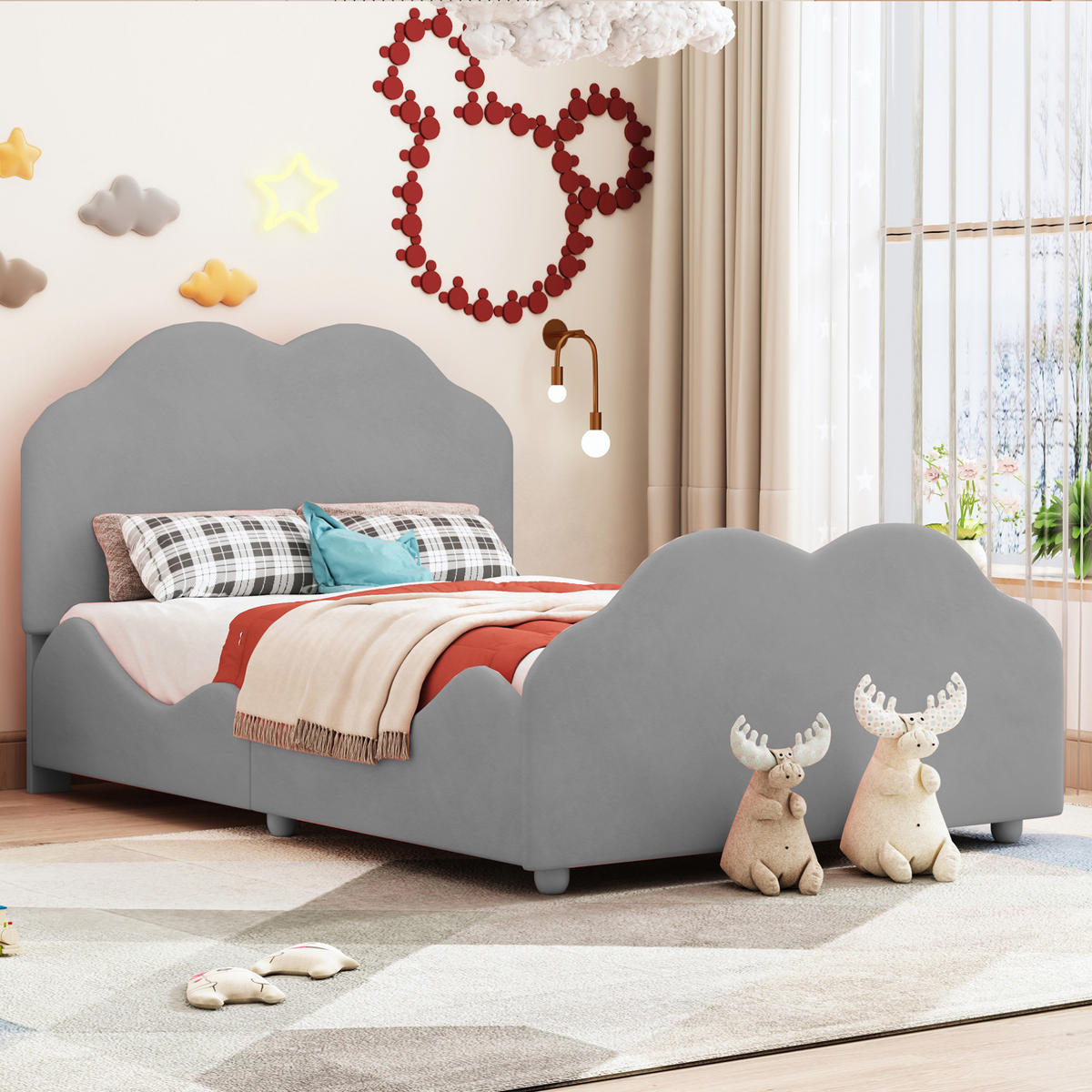 KINDERBETT 90/200 cm mit Samtbezug und Rausfallschutz in Grau - Grau, Textil (90/200cm) - BEAOK