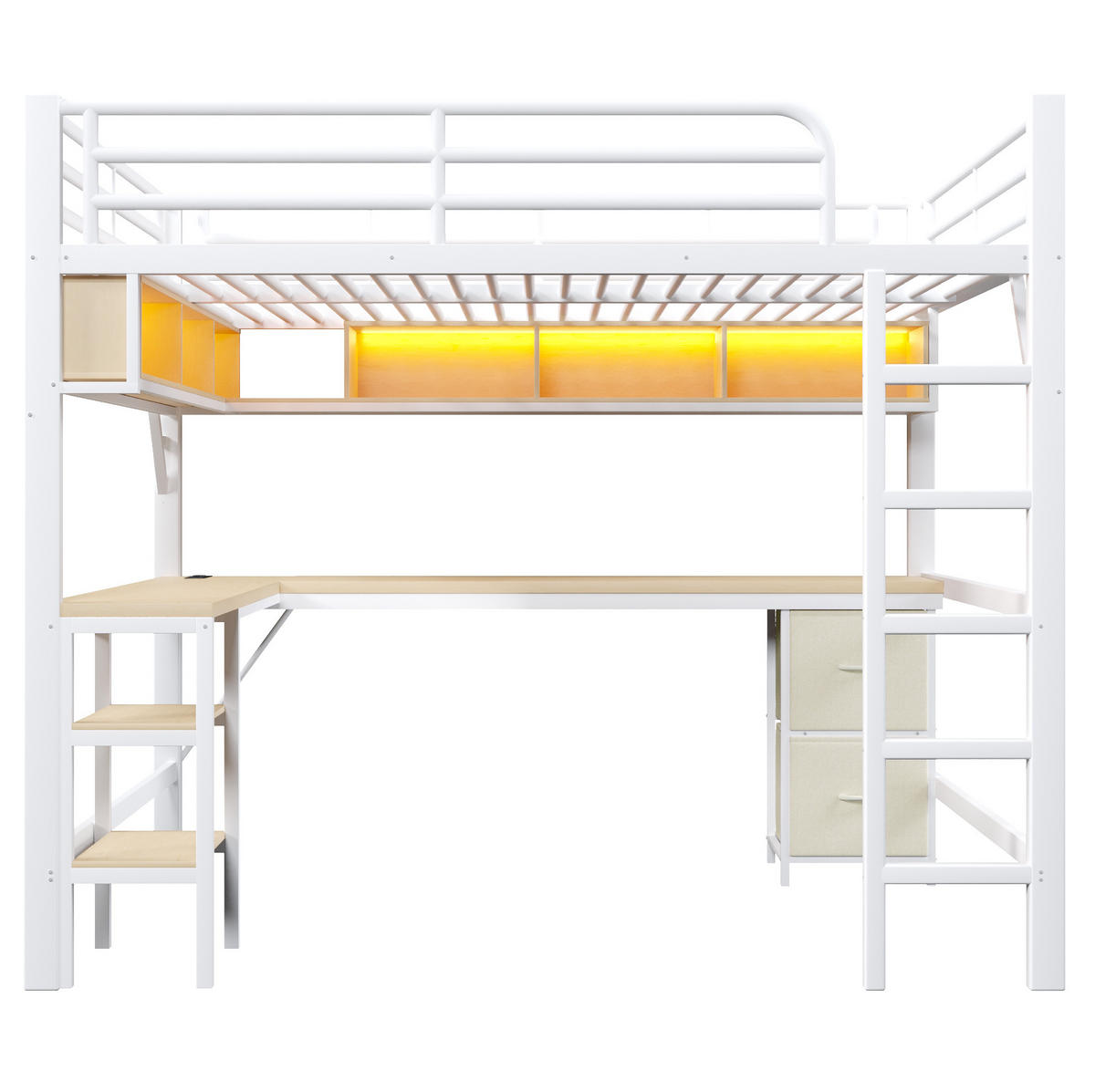 HOCHBETT aus Metall und MDF 140/200 cm mit Schreibtisch, Regal, Schrank, USB und LED-Beleuchtung, Weiß - Weiß, Holzwerkstoff (140/200cm) - Redom