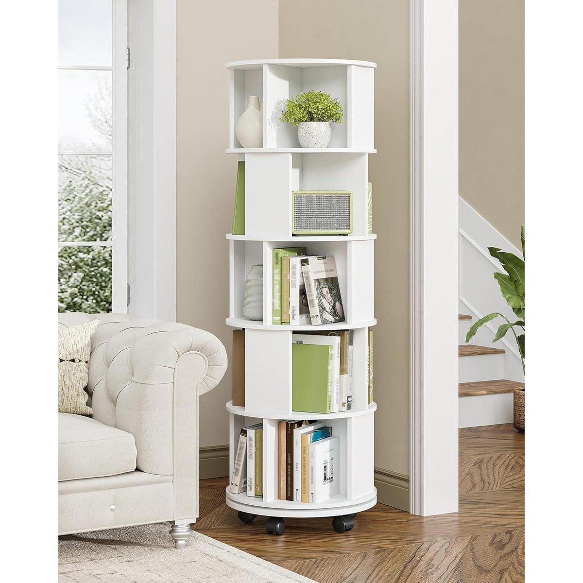 DREHBARES Bücherregal 5 Ebenen mit Rollen 45 x 45 x 161,5 cm Weiß - Weiß, Holzwerkstoff (45/161.5/45cm)