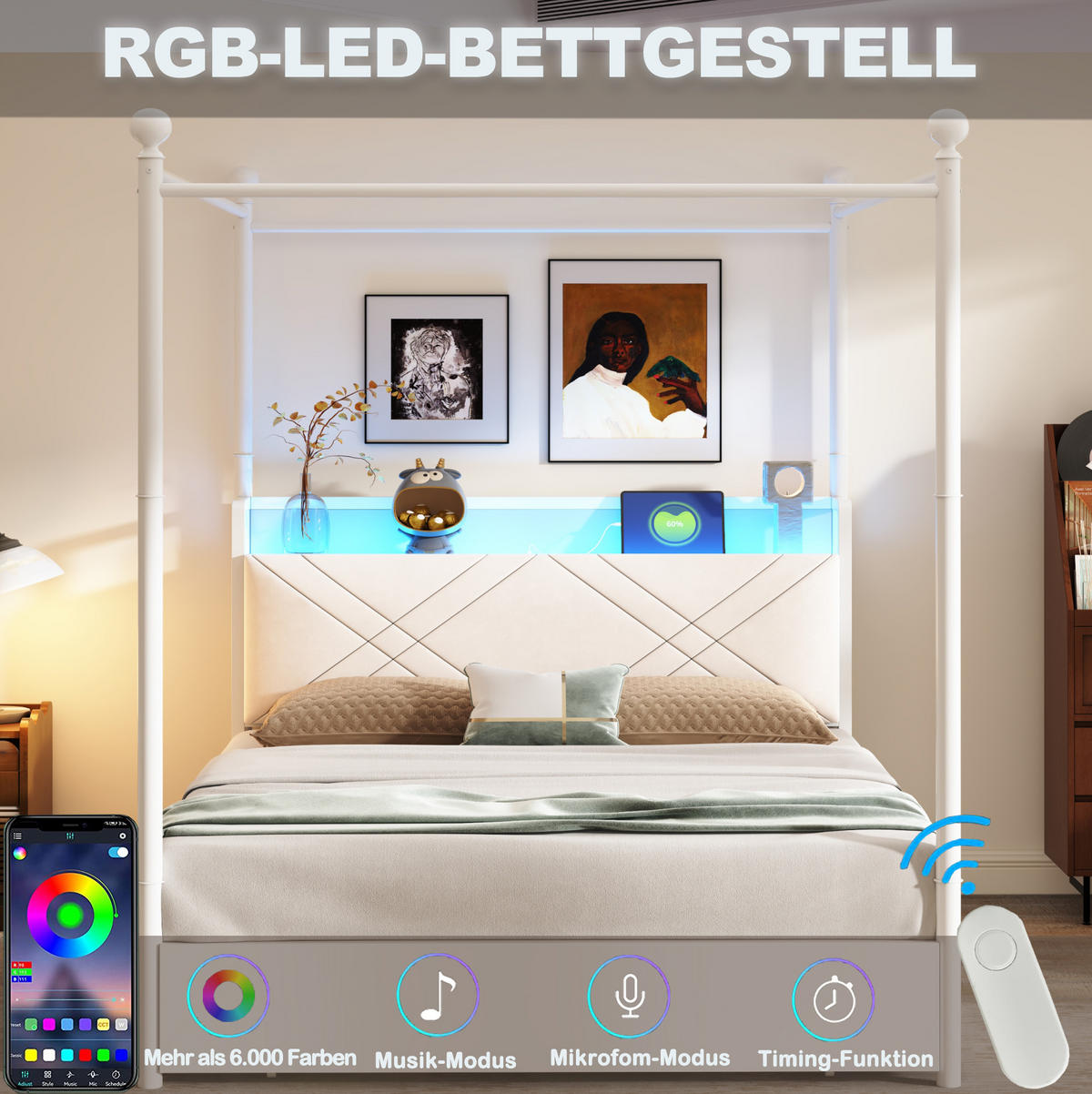 POSTEĽ s baldachýnom 140/190 cm biela s úložným priestorom, LED a USB/Type-C z kovu - biela, kov (140/190cm) - OKWISH