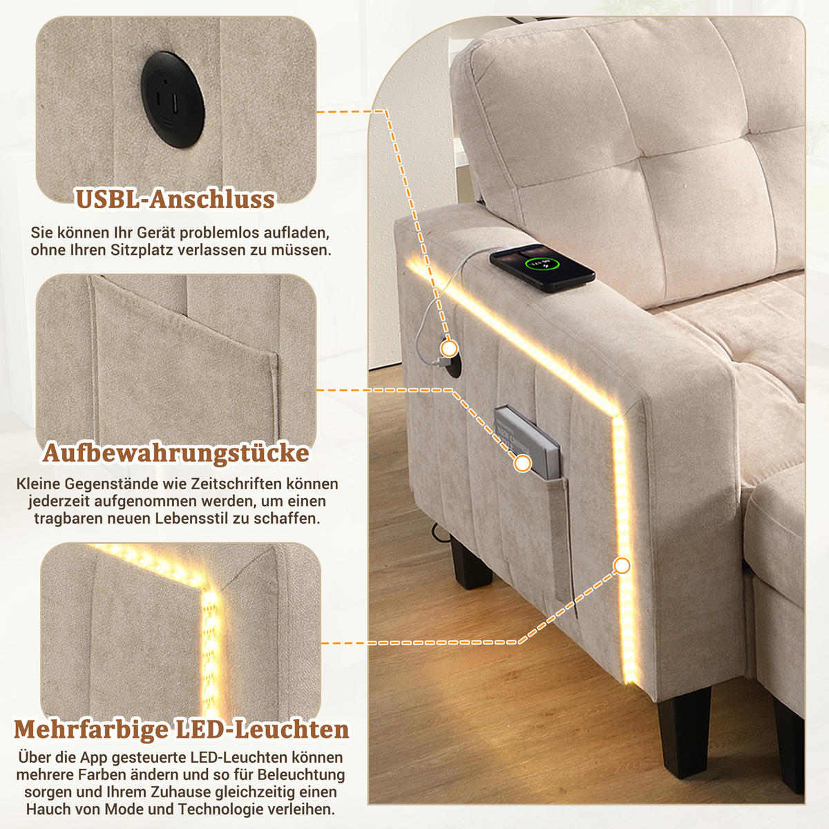 SCHLAFSOFA 185/135/85 cm Beige mit beweglicher Fußbank und LED-Ambiente-Beleuchtung - Beige, Textil (185/85/135cm) - Oxeza