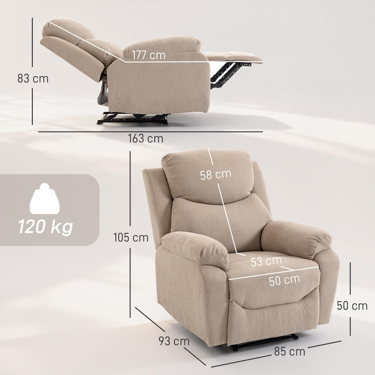 RELAXSESSEL,MANUELL dicker Stoff gepolsterte Armlehnen Fußstütze,beige - Beige, Textil (85/105/93cm) - Vallsero