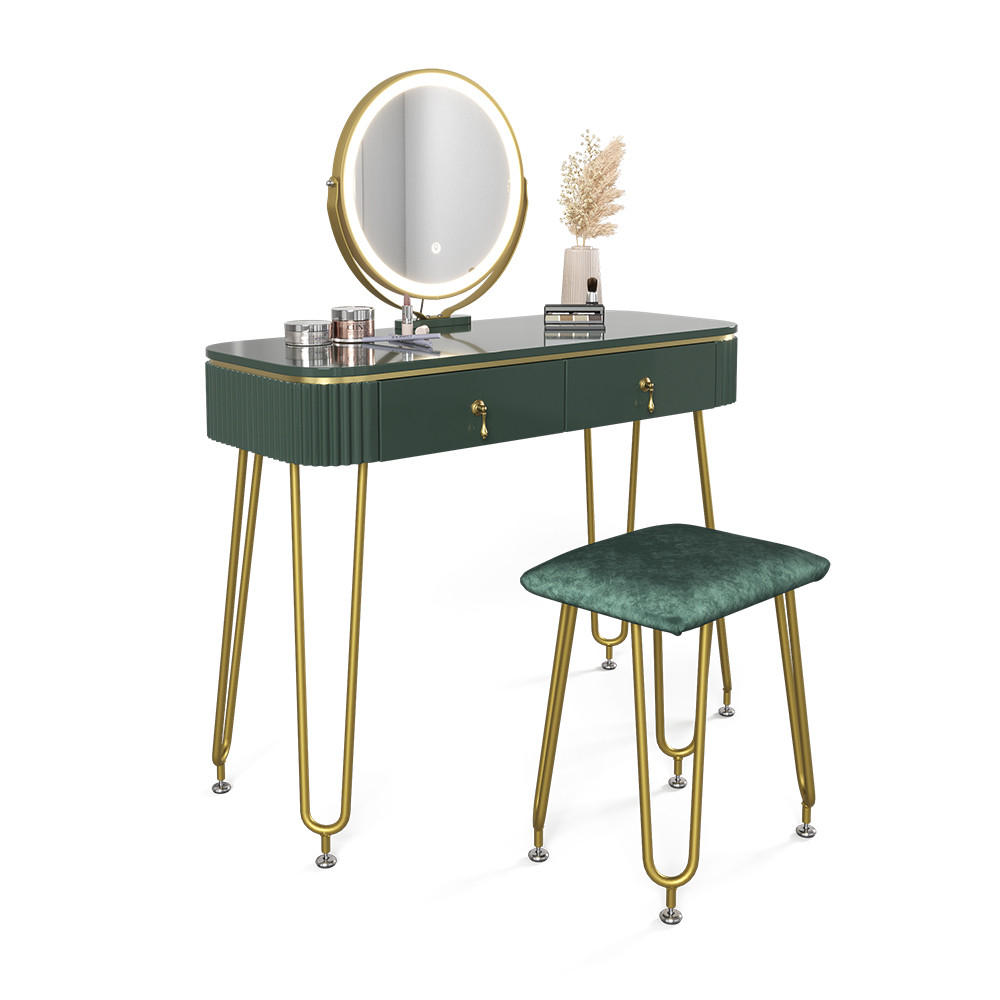 SCHMINKTISCH Grace Dunkelgrün Hochglanz 100 cm mit LED Beleuchtung und Hocker - Dunkelgrün, Holzwerkstoff (100/126/40cm) - Vicco