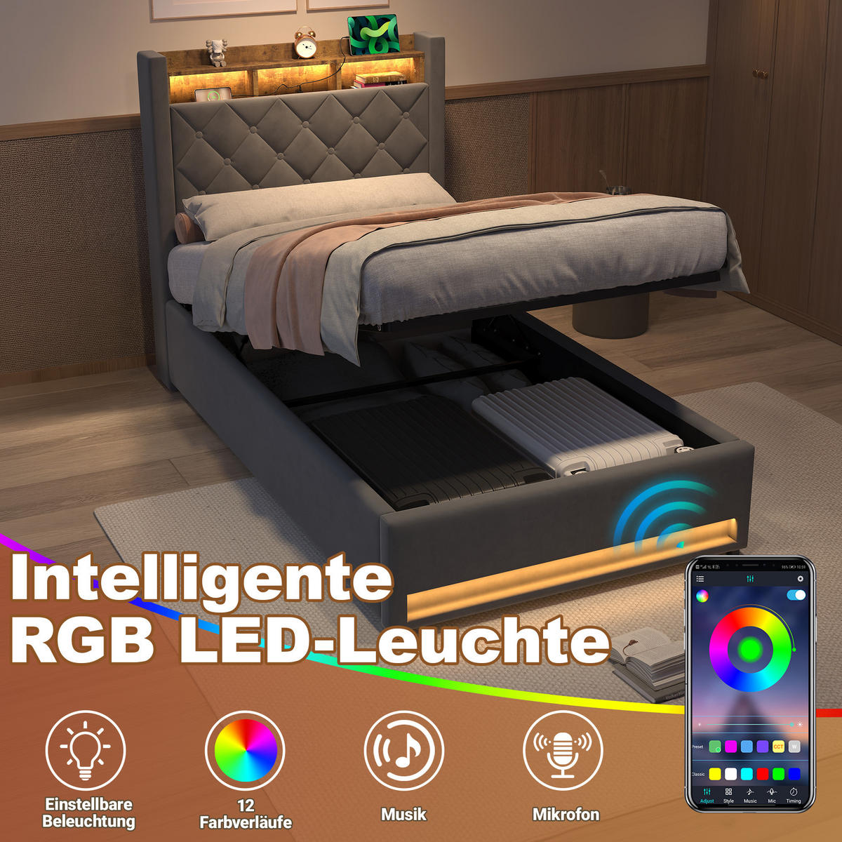 POLSTERBETT 90/200 cm in Dunkelgrau Samt mit Bettkasten, LED-Beleuchtung und USB-Anschluss - Dunkelgrau, Holzwerkstoff/Textil (90/200cm) - CHICFURN