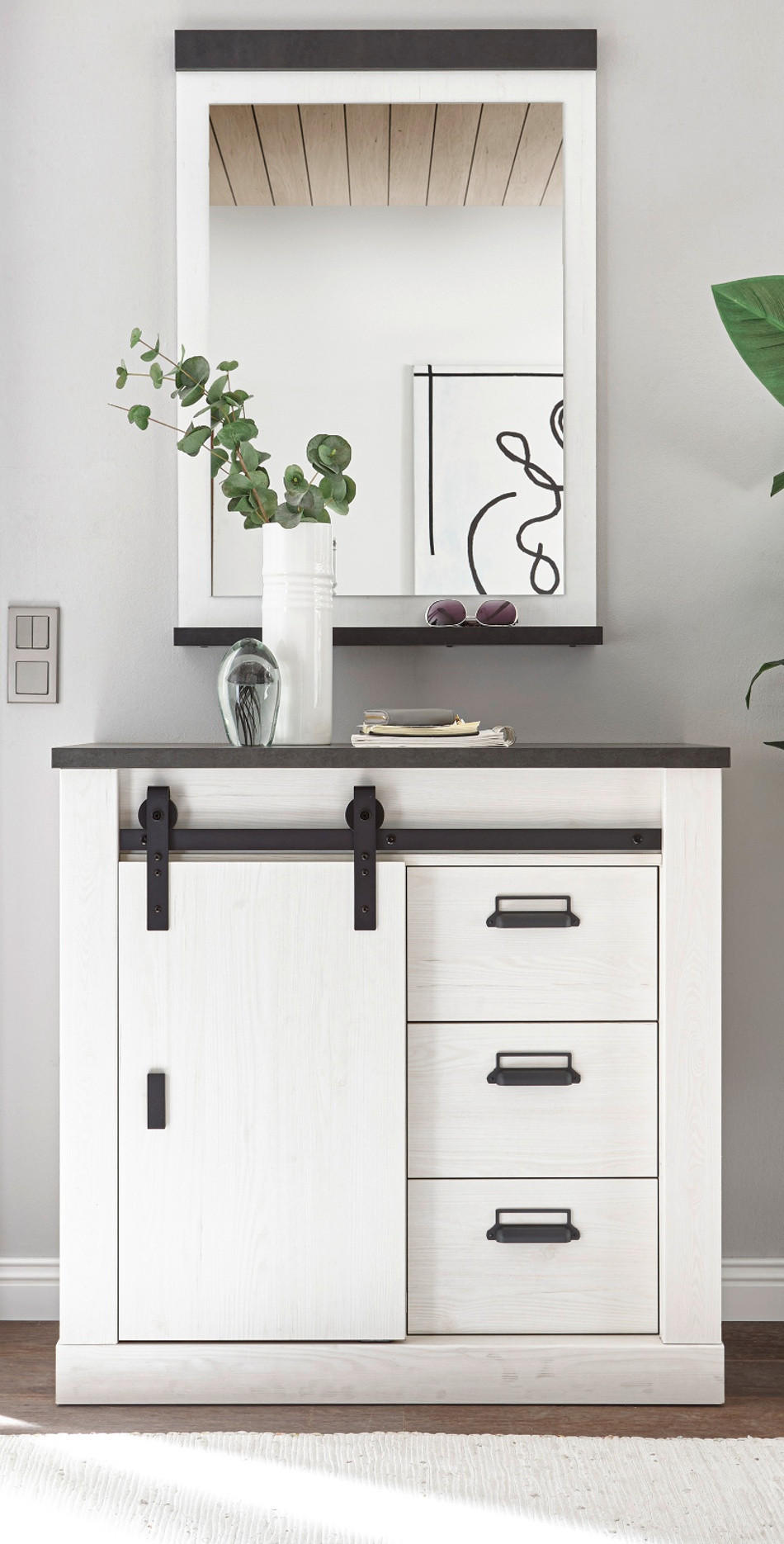 GARDEROBEN-SET 2-teilig weiß Pinie, anthrazit, Garderobenkombination mit Kommode, Spiegel - Anthrazit/Weiß, Holzwerkstoff (93/200/43cm) - Furn.Design