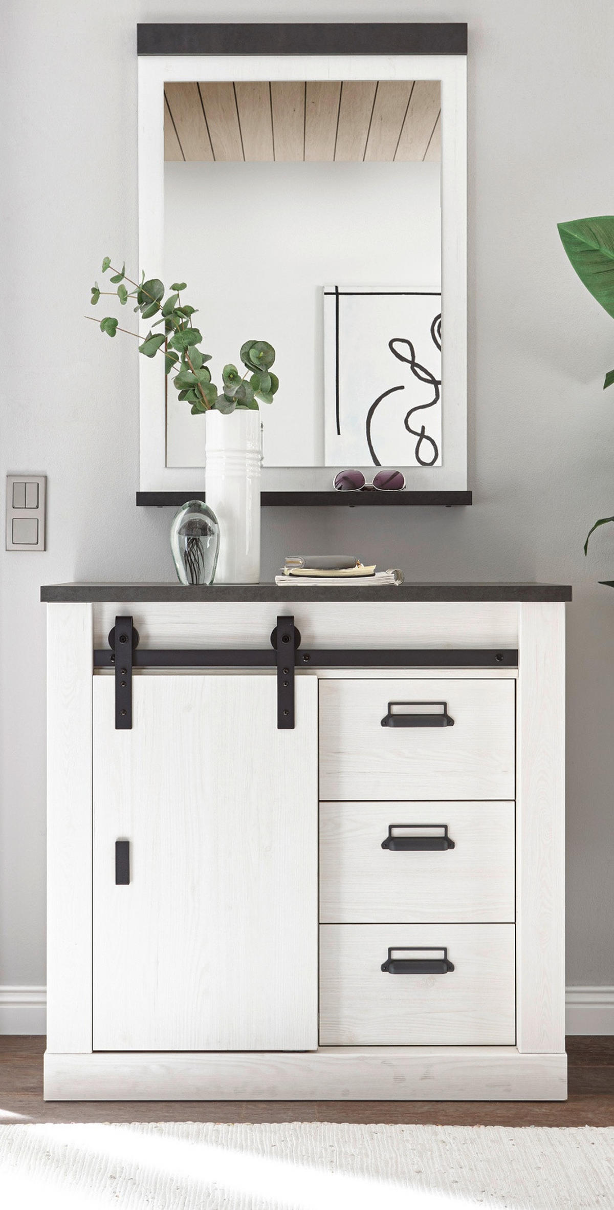 GARDEROBEN-SET 2-teilig weiß Pinie, anthrazit, Garderobenkombination mit Kommode, Spiegel - Anthrazit/Weiß, Holzwerkstoff (93/200/43cm) - Furn.Design