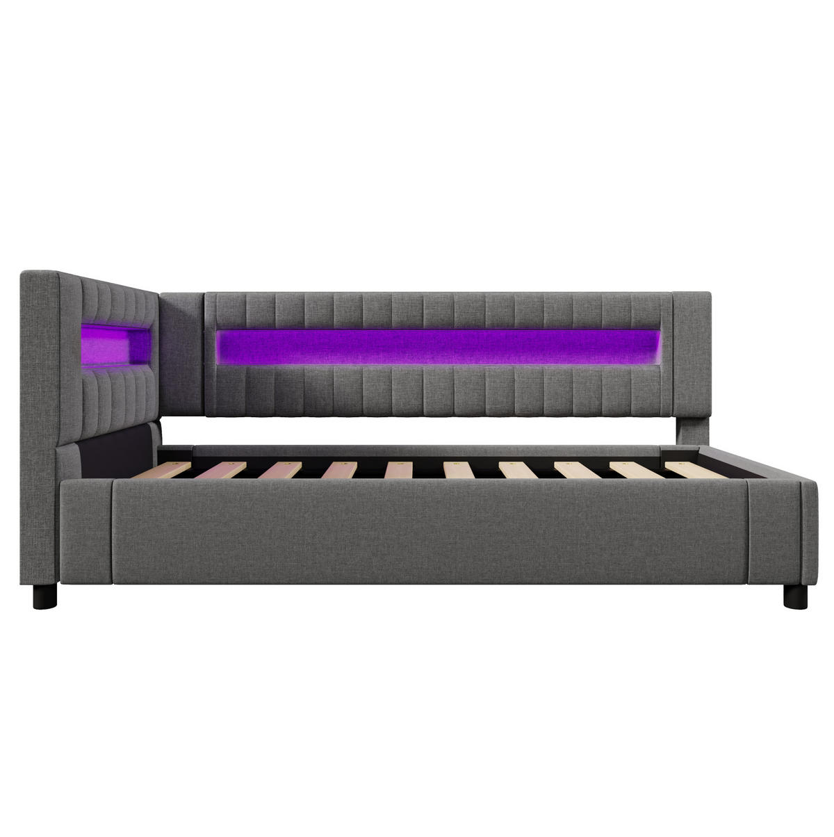 KINDERBETT aus Leinen 90x200 cm in Grau mit LED-Beleuchtung & USB-C - Grau, Textil (90/200cm) - Modfu