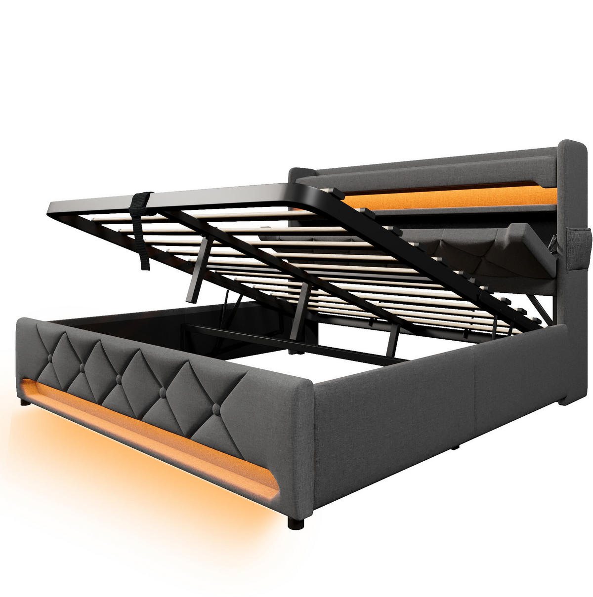 POLSTERBETT 140/200 cm Grau aus Leinen mit Stauraum, LED-Beleuchtung und USB - Grau, Textil (140/200cm) - Flora Grace