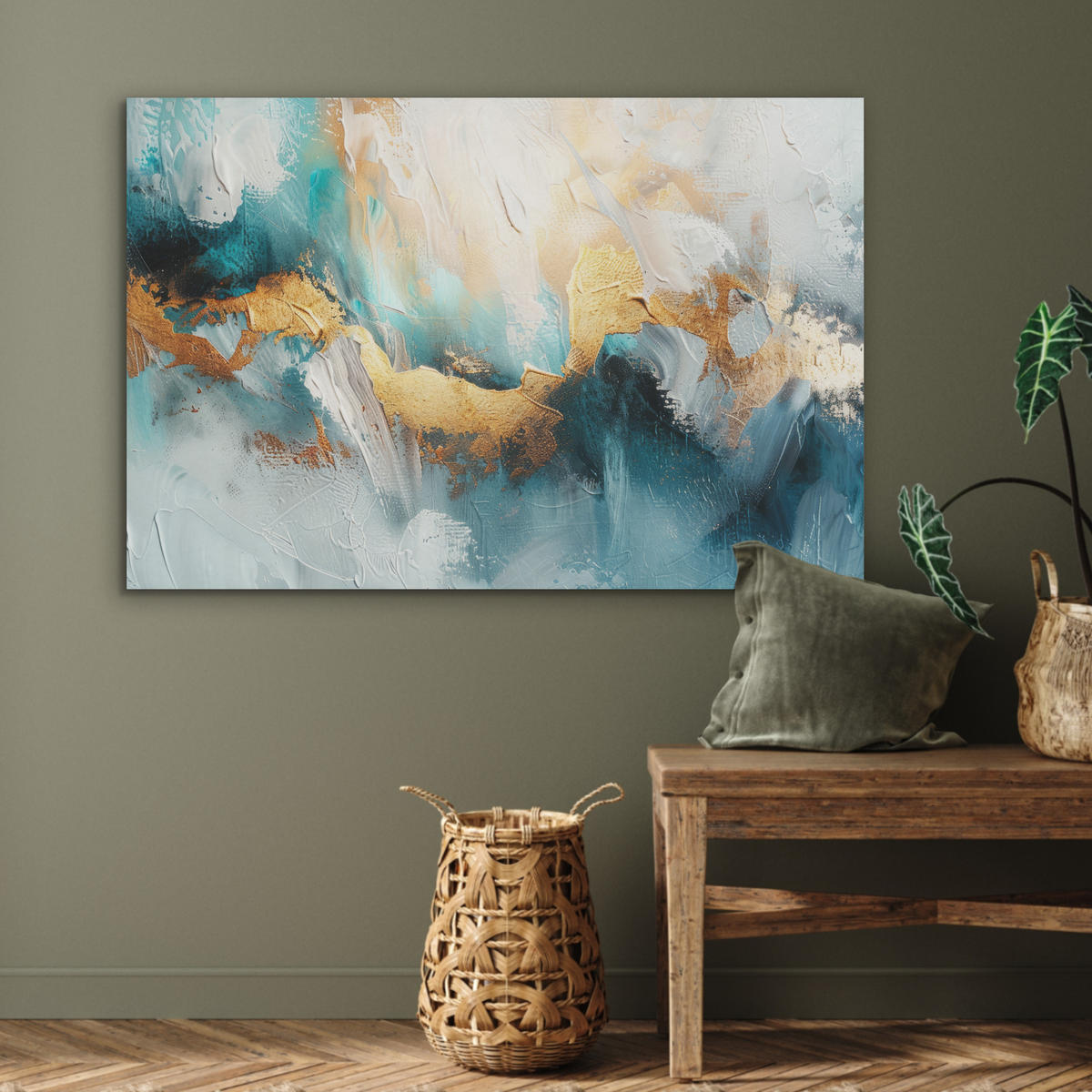 AKUSTIKPANEEL Abstrakt - Kunst - Gold - Blau 100x70 cm - Petrol, Textil (100/0.9/70cm) - MuchoWow