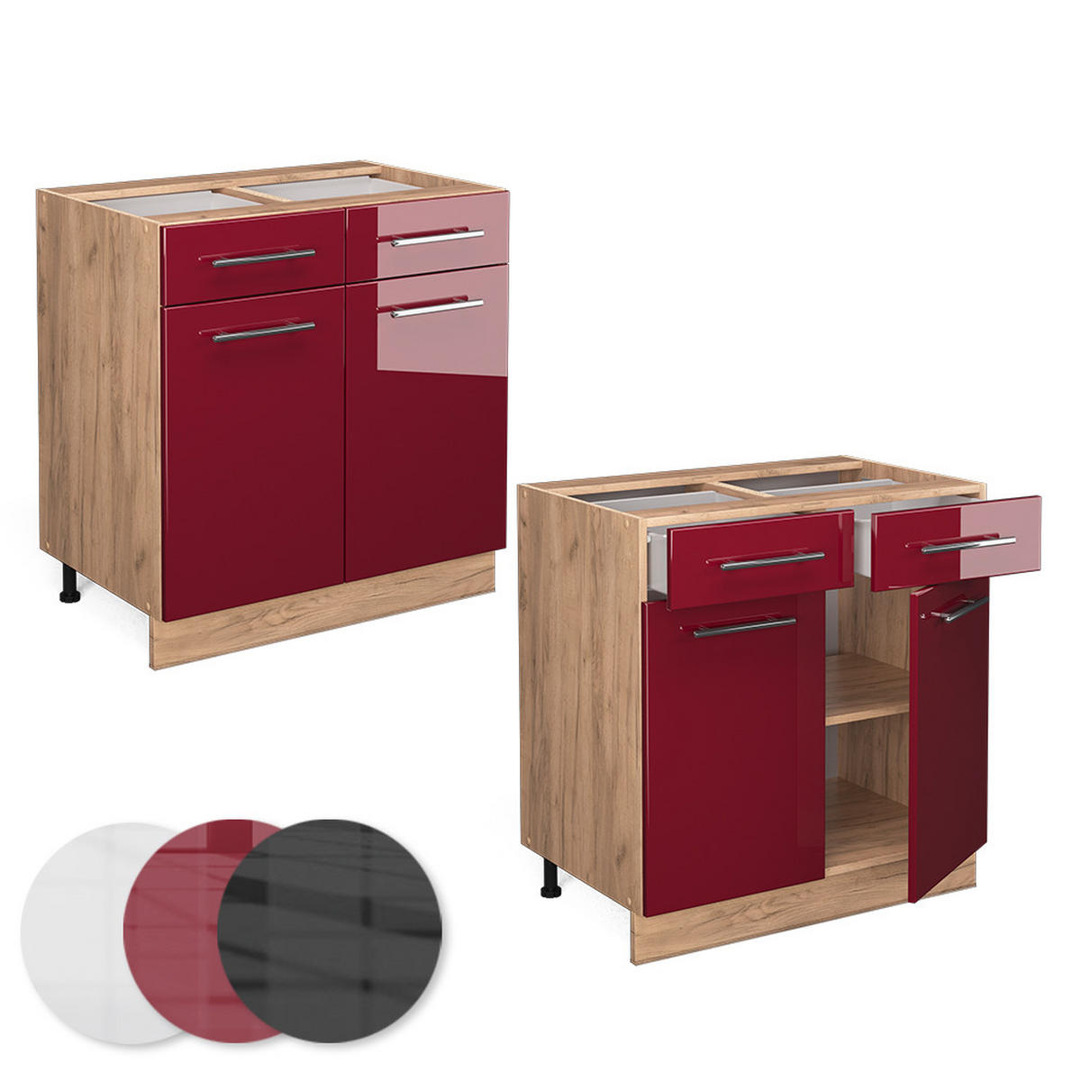 KÜCHENUNTERSCHRANK Fame-Line Bordeaux Hochglanz 80 cm, AP Marmor - Bordeaux/Eiche Wotan, Holzwerkstoff (80/82/60cm) - Vicco