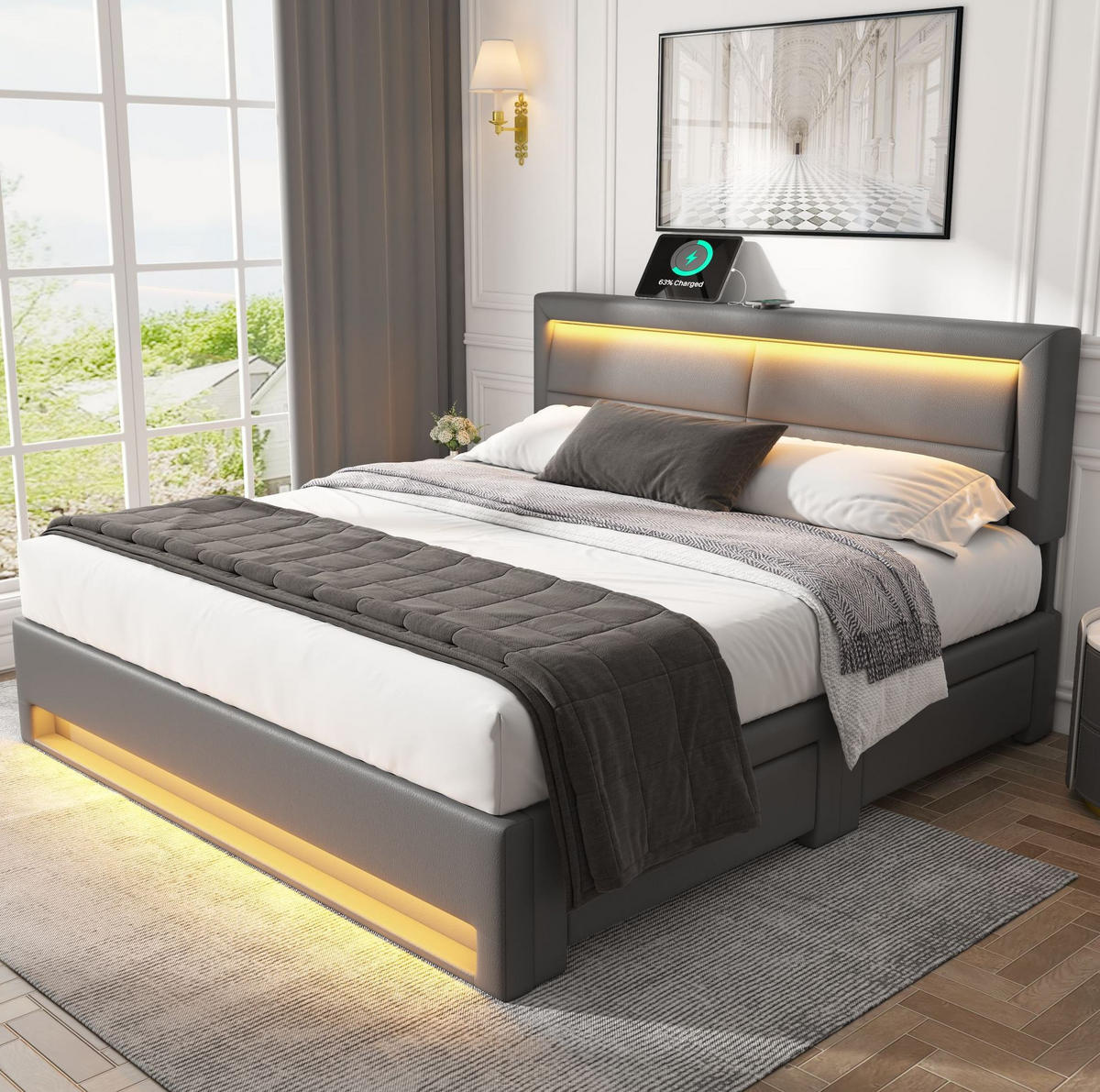 POLSTERBETT 140/190 cm Grau mit USB-Anschluss und LED-Beleuchtung - Grau, Kunststoff (140/190cm) - OKWISH