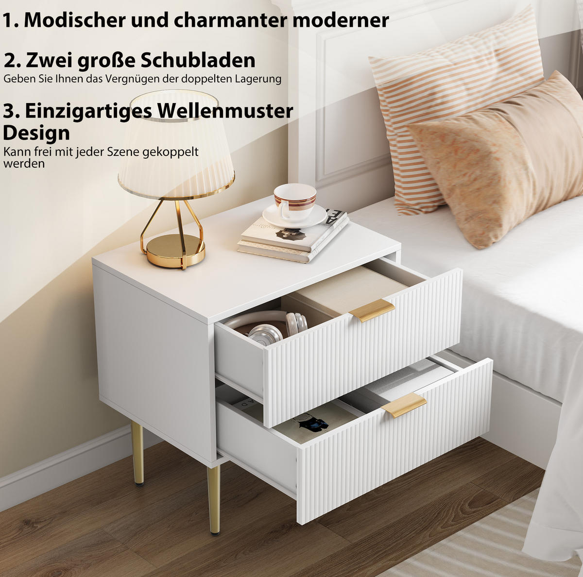 NACHTTISCH 53/41,5 cm Weiß aus MDF mit 2 Schubladen - Weiß, Holzwerkstoff (41.3/52.5/53cm) - OKWISH