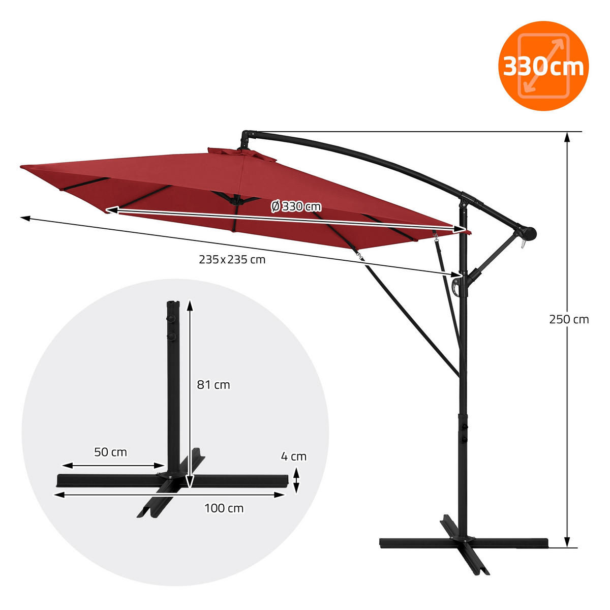 AMPELSCHIRM Ø 330 cm in Rot aus Aluminium - Rot, Metall (330/330cm) - ML-DESIGN