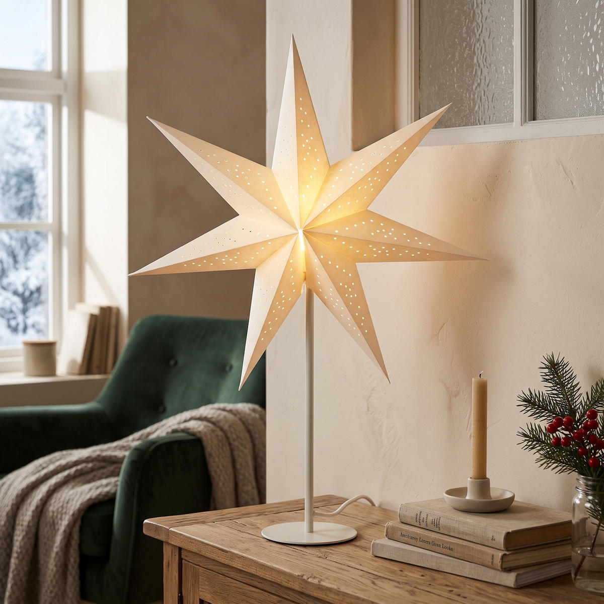 PAPIERSTERN auf Metallständer 45/45/65 cm - Weiß, Papier (45/65/45cm) - Home Styling Collection