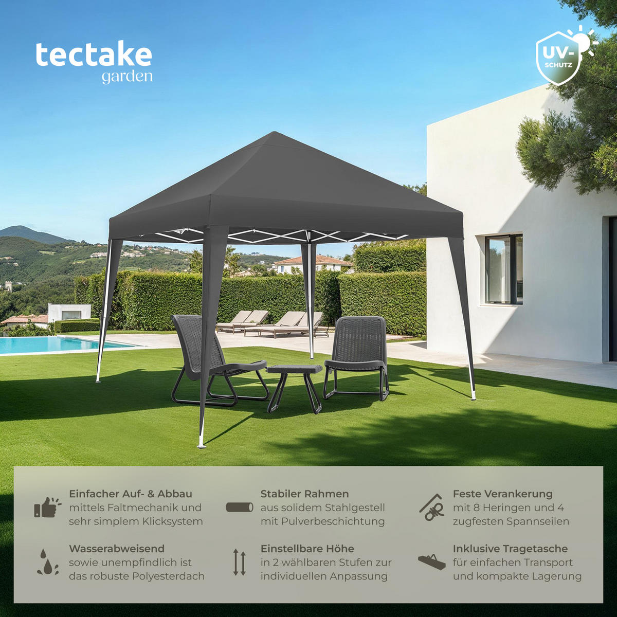 PAVILLON Linosa,inklusive Spannseile, Heringe und Tragetasche,grau - Grau, Kunststoff (300/255/300cm) - tectake