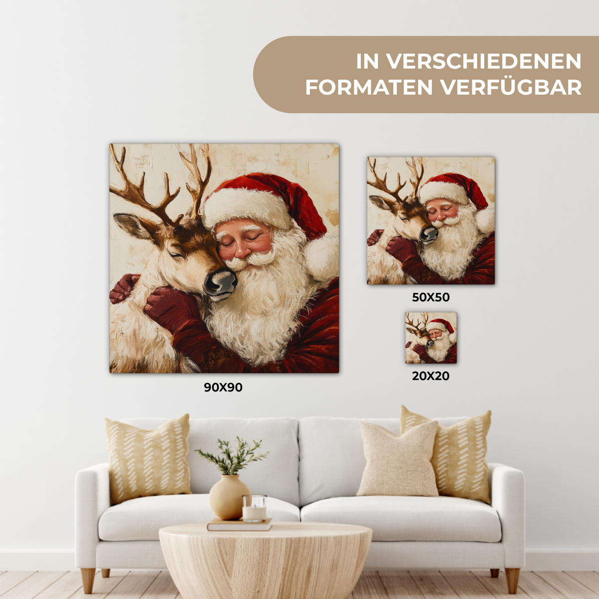 LEINWANDBILD Weihnachtsmann - Rentier - Weihnachten 20x20 cm - Rotbraun, Textil (20/20cm) - MuchoWow